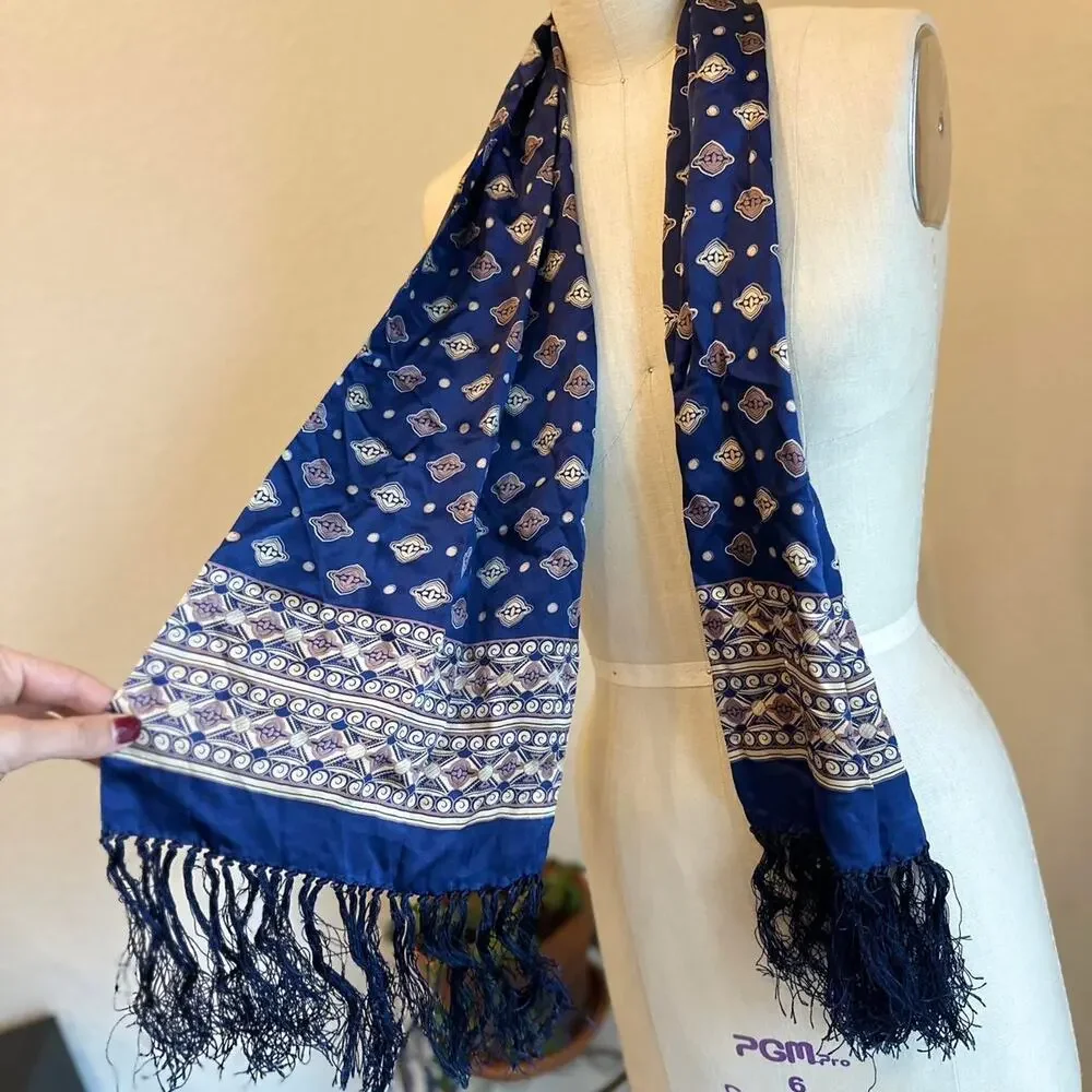 Vintage Women’s Oblong Fringe Scarf Blue Patterned Silk